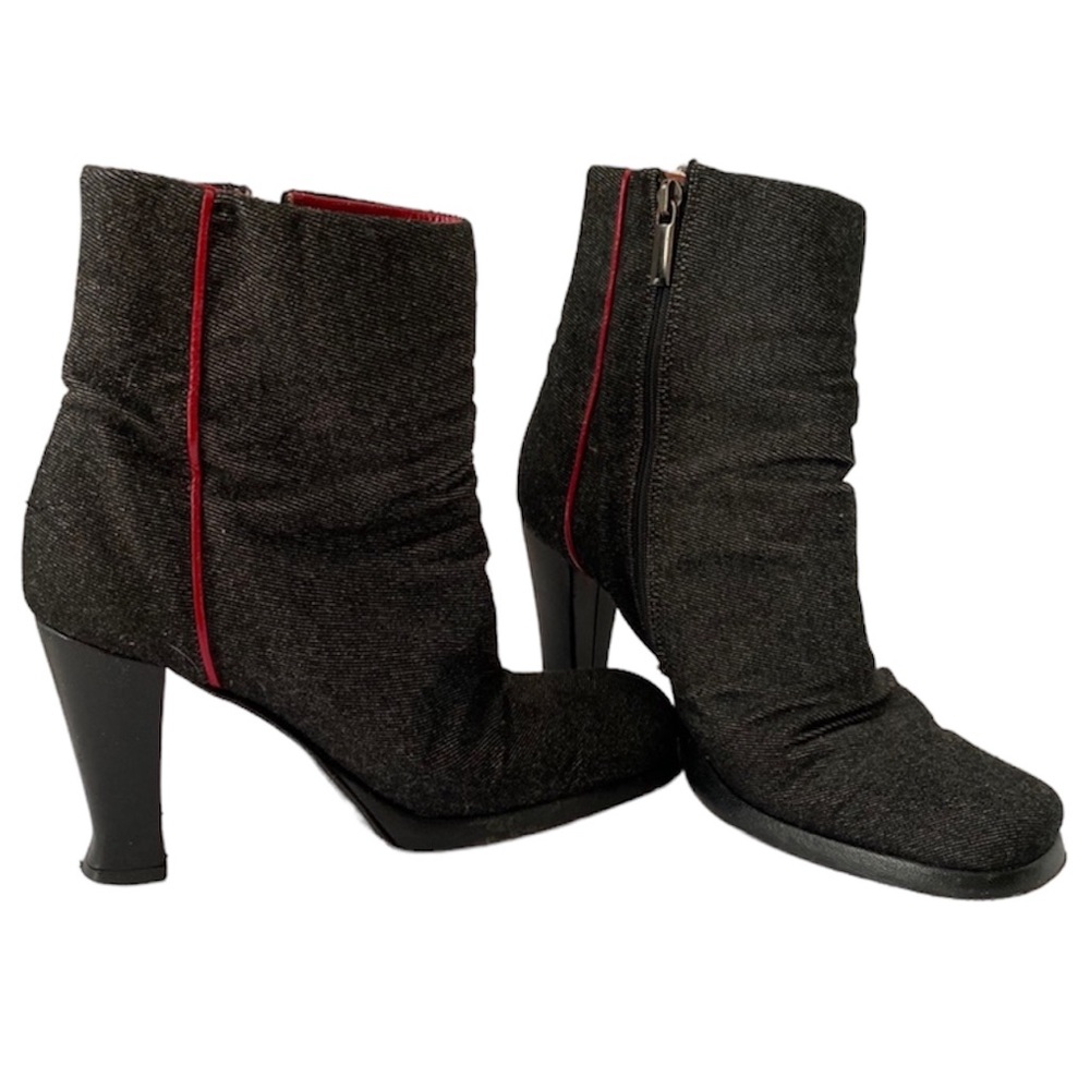 RED TRIMMED BLACK DENIM BOOTIES BY BCBG MAXAZRIA